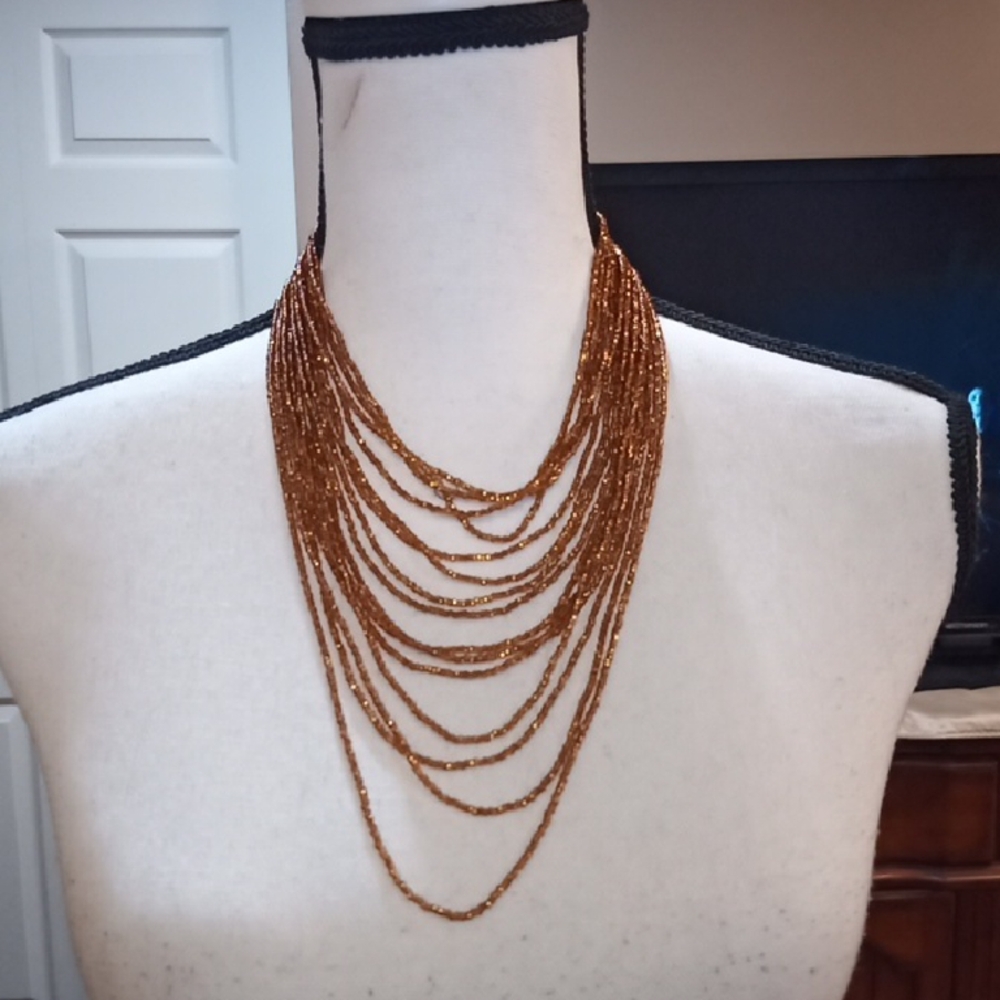 Elegant Gold Beaded Necklace Bronzy Orange w/ excellent Beadwork 26 in Approx